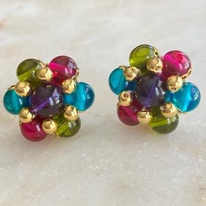 Signed Trifari Jewel-Toned Glass Bead Clip Earrings
